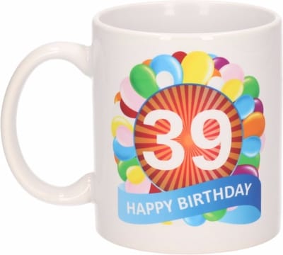 39 jaar Verjaardag koffiemok - cadeau beker - feestelijke ballonnen print - 300 ml - keramiek - wit