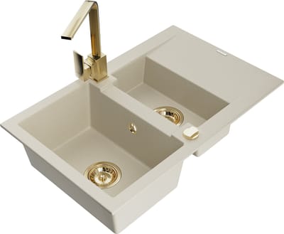 Mexen Gaspar granieten spoelbak 1,5-komorig met afdruiprek en keukenmengkraan Rita, beige - 6507-69-670300-50