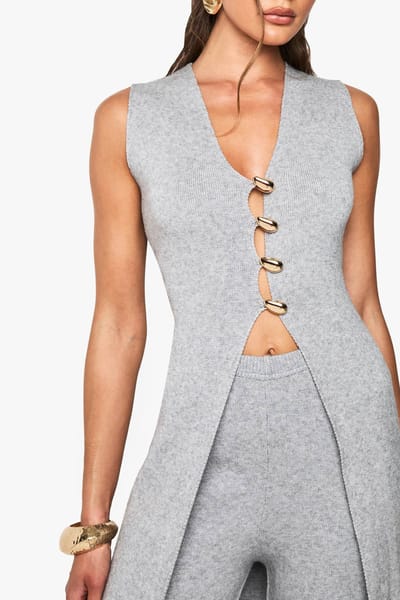 boohoo Dames Gold Button Detail Langline Knitted Waistcoat and Wide Leg Trouser Co-Ord | Grey | Maat: Small