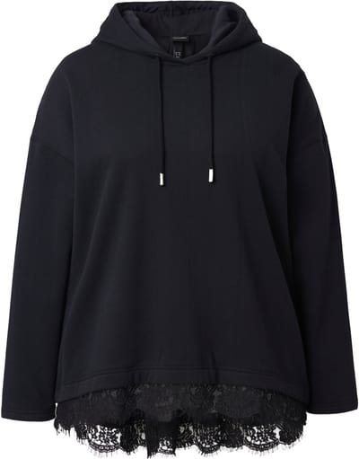 Ulla Popken - Dames - Hoodie kanten zoom A-lijn capuchon lange mouwen - Zwart - Maat 46+
