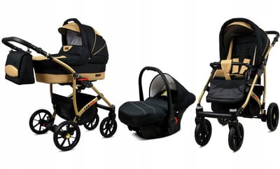BabyLux® Kinderwagen 3in1 – LARGO - BLACK COFFE GOLD FRAME - Opklapbare Wandelwagen incl. Reiswieg, Multifunctionele Buggy Sportstoel, Autostoel - Combi-kinderwagen met Luiertas, Regenhoes, Klamboe, Bekerhouder, etc.