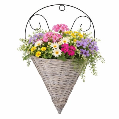 Mega Collections Plantenmand muurhanger Assen - grijs - H60 cm - wilg - bloempot/plantenpot