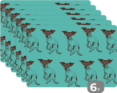 Placemat - Placemats kunststof - Jack Russell - Hond - Patronen - Bril - 45x30 cm - 6 stuks - Hittebestendig - Anti-Slip - Onderlegger - Afneembaar