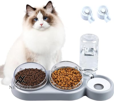 Nevolis Voerbak voor katten 3-in-1 voerbak met standaard 15 ° gekanteld afneembare voerbak voor katten en honden anti-morsen verstelbaar voerbak voor katten en puppy's drinkbak (grijs) .