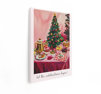 Artaza Canvas Schilderij Kersttafel - 60x80 cm - Wanddecoratie Kerst - Muurdecoratie Kerstboom - Vintage Schilderijen Op Canvas - Roze