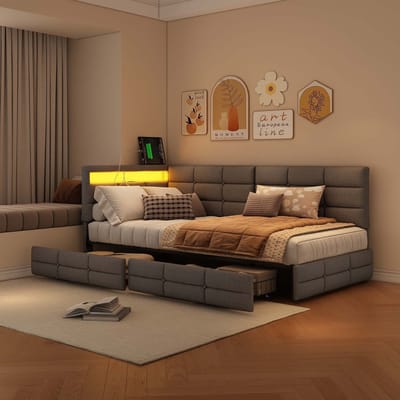 Gestoffeerd bed 90x200 cm met LED en USB, eenpersoonsbed met opbergruimte en lattenbodem,2 laden,slaapbank met rugleuning voor jongerenbed, linnen grijs, zonder matras
