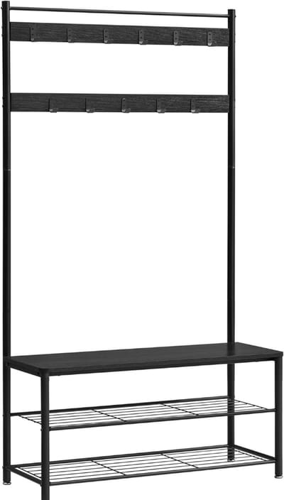 KAD® Kapstok met Schoenenrek & Bankje - Industrieel Halmeubel - Garderobe met Zitting - Zwart - ‎32cm x 175cm x 85cm