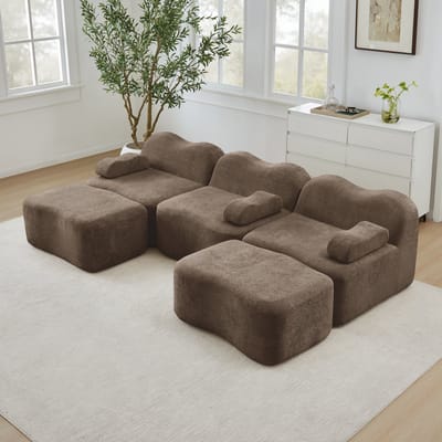 REDOM - Modulaire Hoekbank - Frameloos met 2 hockers en diepe zitting - Golvend ontwerp - Moderne loungebank voor woonkamer - Fluweel - Bruin - 288 x 167 x 70 cm