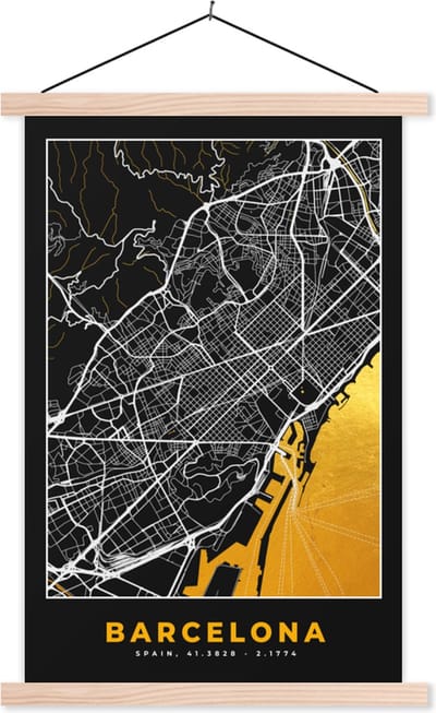 Posterhanger incl. Poster 40x60 cm - Schoolplaat - Barcelona - Stadskaart - Plattegrond - Goud - Kaart - Textielposter - Blanke latten - Stadskaart