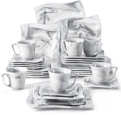Luxe Serviesset – 30 delig – 6 persoons – Porselein - Bordenset – Dinner platen – Dessertborden - Diepbord - Kommen - Mokken - Marmergrijs