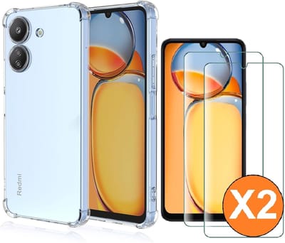 Hoesje geschikt voor Xiaomi Redmi 13C 4G/Poco C65 4G transparant Anti Shock silicone hoesje Met gehard glas Screenprotector - 2 pack