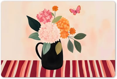 Placemats 45x30 cm - Placemat kunststof - 1 stuk - Vaas - Bloemen - Vlinder - Rood - Borden onderleggers - Decoratie voor op tafel - Keuken tafeldecoratie accessoires - Vinyl onderlegger - Tafelversiering