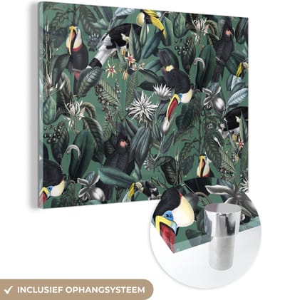MuchoWow® Glasschilderij 160x120 cm - Schilderij acrylglas - Bloemen - Vogel- Collage - Foto op glas - Schilderijen