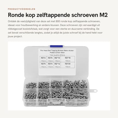 Dailygoods- Zelftappende Schroef 800 Stuks - Koolstofstaal - Pan Head - Houtbewerking - Ronde Kop - Verpakt in Doos 13 x 6,5 x 2,5 cm - Schroeven