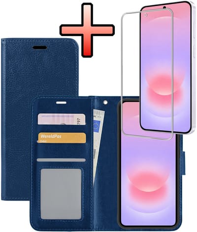 Hoesje - Met Screenprotector - Geschikt voor Samsung Galaxy A37 - Luxe Pasjeshouder - Bookcase Portemonee - Flip Case - Kunstleer Book Case - Flipcase - Book Cover - Walletcase - Portemonneehoes - Donkerblauw