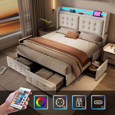 MEUNIQ gestoffeerd tweepersoons bed 180x200 met LED hoofdbord, USB en USB-C, 4 lades, lattenbodem, metalen frame, opbergruimte voor slaapkamer, beige