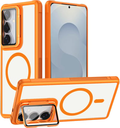 Casemania Hoesje Geschikt voor Samsung Galaxy S26 - Magnetische Transparante Backcover met Oranje Bumper - Camera Shield Kickstand met Volledige Camera Bescherming - Geschikt voor MagSafe