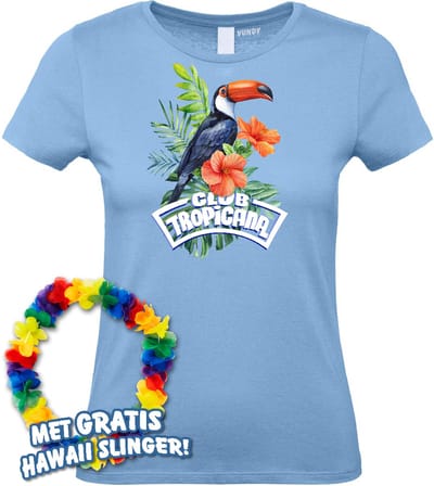 Dames t-shirt Toekan Tropical | Toppers in Concert 2024 | Club Tropicana | Hawaii Shirt | Ibiza Kleding | Lichtblauw Dames | maat XS