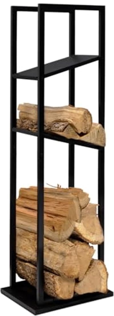Opslag voor open haard met 2 legplanken - Stalen haardhoutrek zwart, hoogte 112 cm