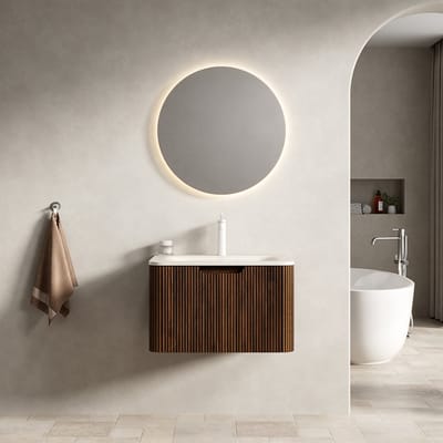 Wishdor - Badkamermeubel Met Geïntegreerde Wastafel En Lade Met Led-Verlichting En Zachtsluitend Systeem - Gebogen Ontwerp - Beige En Walnoot