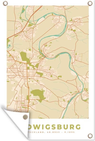 Muurdecoratie Ludwigsburg - Kaart - Plattegrond - Stadskaart - Vintage - 120x180 cm - Tuinposter - Tuindoek
