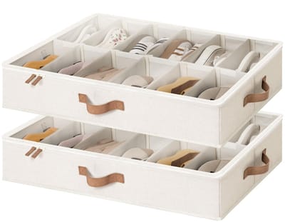 Allecto - Onder-bed schoenenopbergbox - Ruimtebesparend - Beige - Verstelbare vakken - Geschikt voor 24 paar schoenen - 2 stuks