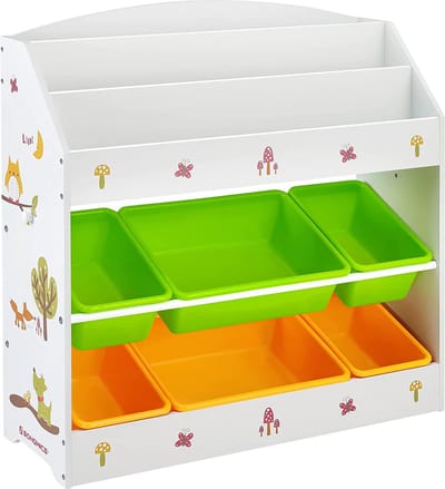 SONGMICS GKR44WTV1 Opbergkast voor kinderen, 3-laags boekenkast en 6 uitneembare containers voor kinderkamer, kleuterschool, meerkleurig, wit,Groot