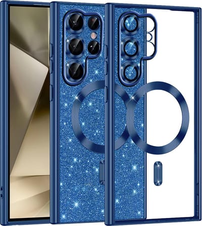 Hoesje geschikt voor Samsung Galaxy S22 Ultra - Techsuit Luxury Glitter Back Cover - Geschikt voor MagSafe - Donkerblauw