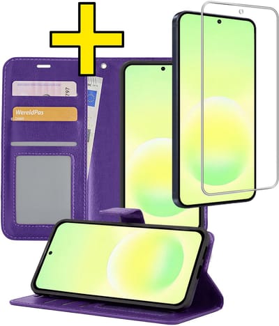 Hoesje - Met Screenprotector - Geschikt voor Samsung Galaxy A57 - Luxe Pasjeshouder - Bookcase Portemonee - Flip Case - Kunstleer Book Case - Flipcase - Book Cover - Walletcase - Portemonneehoes - Telefoonhoesjes - Paars
