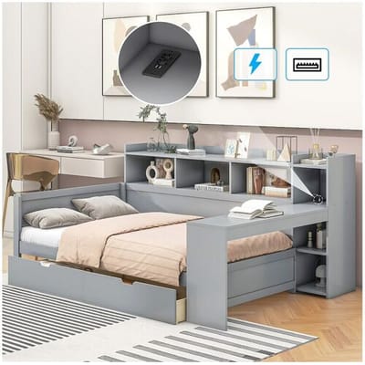 Merax 90 x 200 cm bed met hoofdeinde - Bureau, USB-aansluitingen en 2 lades - Lattenbodem - Grijs (zonder matras)