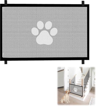 Veiligheidstraphek, draagbaar, veilig isolatienet voor huisdieren, honden en katten, hondenhek zonder boren, voor deuren, trappen en gangen, binnen en buiten (110 x 78 cm, zwart)