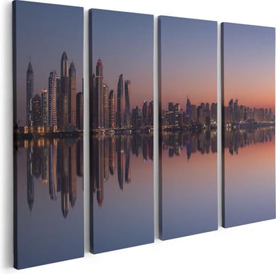 Artaza Canvas Schilderij Vierluik Skyline Dubai Stad bij Zonsondergang - 80x60 cm - Wanddecoratie Woonkamer - Schilderijen - Muurdecoratie
