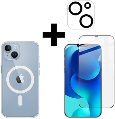 VOWLUX Compatible iPhone 13 Mini MagSafe hoesje 3-in-1 tempered glass set – transparant val bestendig hoesje + screenprotector + cameralens protector