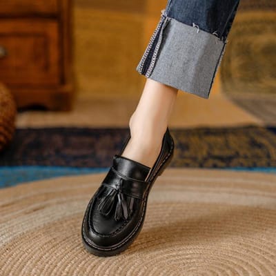 Cuir Vintage Nostalgie Lolita Chaussures Gland Cuir de Vache Mocassins Femmes Peu Profondes Étudiant Demoiselle Chaussures Escarpins Mary Janes Chaussures 40 noir