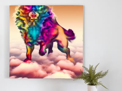 Heavenly steed a majestic lion soaring among the clouds | Heavenly Steed: A Majestic Lion Soaring Among the Clouds | Kunst - 30x30 centimeter op Dibond | Foto op Dibond