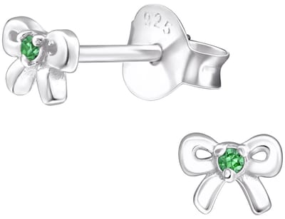 Joy|S - Zilveren strikje oorbellen - 5 x 3.5 mm - massief sterling zilver 925 - zirkonia groen - geboorte steen mei - oorknopjes - kinderoorbellen