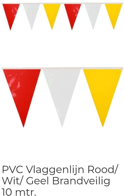 Vlaggenlijn Rood/ Wit/ Geel Brandveilig, PVC, Brandvertragend, 10 meter, Carnaval, Oeteldonk, Themafeest , Verjaardag, Voetbal
