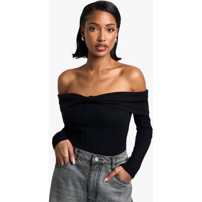 boohoo Dames Rib Bardot Twist Bodysuit | Zwart | Maat: 34