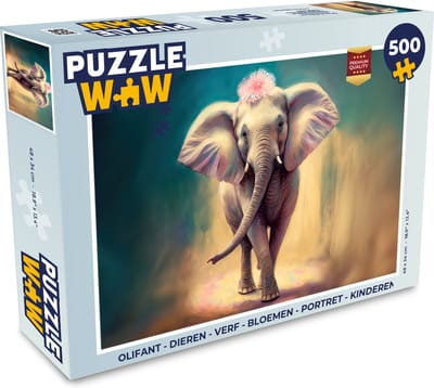 Puzzel Olifant - Dieren - Verf - Bloemen - Portret - Kinderen - Legpuzzel - Puzzel 500 stukjes