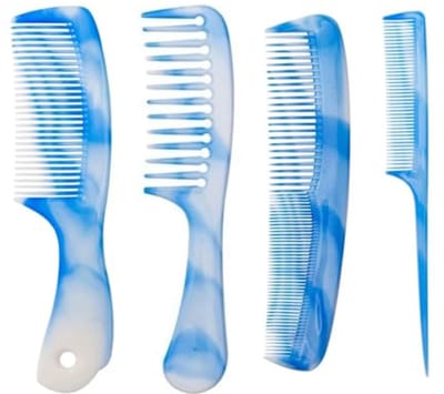 Haarkam set met 4 stuks lichtblauw, brede en fijne tanden, voor alle haartypes