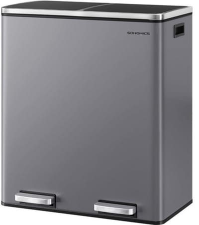 SONGMICS Prullenbak – Prullenbak 60 Liter – 2 vakken (2x30 Liter) – Vuilnisbak 60 Liter - Pedaalemmer 60 Liter – Grijze Prullenbak Afvalscheiding – Afvalemmer – Afvalbak Keuken – Matgrijs (+ Gratis 15 Afvalzakken)