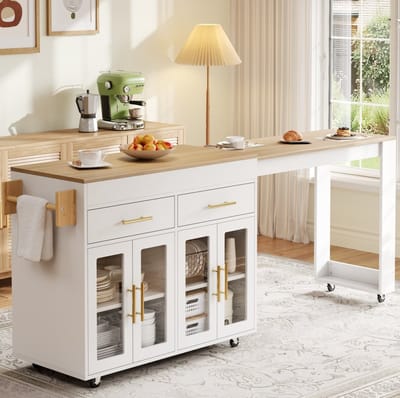 HAUSS SPOLE Keukenkast - Uitschuifbaar Keukeneiland Met Bartafel En Opbergruimte - Voor Kleine Keukens - MDF - 132,5-217x50x93 cm - Wit