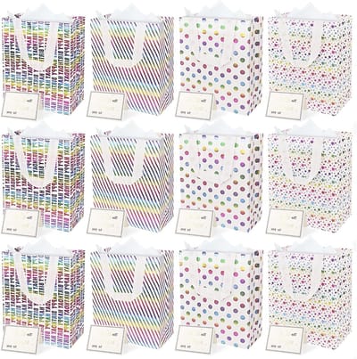 12 stuks herbruikbare geschenkzakken met handgrepen, grote geschenkzakken voor verjaardag, feest, bruiloft en winkelen, ideaal voor retourgeschenken en duurzame verpakking