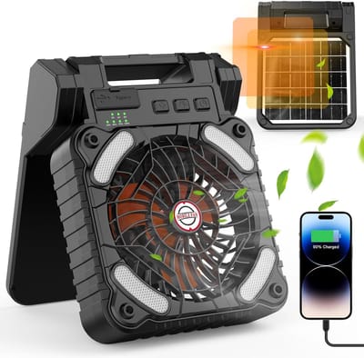 Zonne-energie kampeerventilator met LED zaklamp, oplaadbare 5200 mAh batterij, draagbaar, timer, telefoonoplader, milieuvriendelijk, geschikt voor kamperen, vissen, buitenwerk