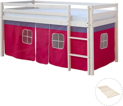 Homestyle4u Hoogslaper - 90x200 cm - met lattenbodem - ladder - gordijn roze