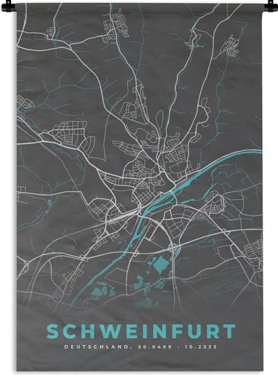 Wandkleed - Wanddoek - Kaart – Plattegrond – Stadskaart – Schweinfurt – Duitsland – Blauw - 120x180 cm - Wandtapijt