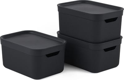 Rotho Jive opbergdoxen set van 3 opbergdosen 5l met deksel, kunststof (PP gerecycled), donkergrijs, 3x5l (26,5 x 18,5 x 13,2 cm)