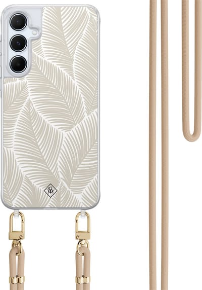 Casimoda® hoesje met koord - Geschikt voor Samsung A55 - Palm Leaves Beige - Afneembaar koord - TPU/polycarbonaat - Bruin/beige