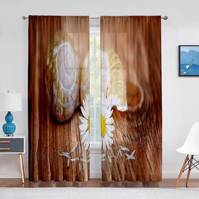 Schelp Zeester Strand Kauri Schelp Nautisch Blauw Houten Transparante Gordijnen voor Woonkamer Slaapkamer Decor Tule Voile Raamgordijn 1 PCS W100XH250cm&Grommet Top