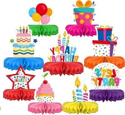 9-delige kleurrijke verjaardagsdecoratieset met honingraat-tafeldecoratie voor kinderverjaardagsfeest